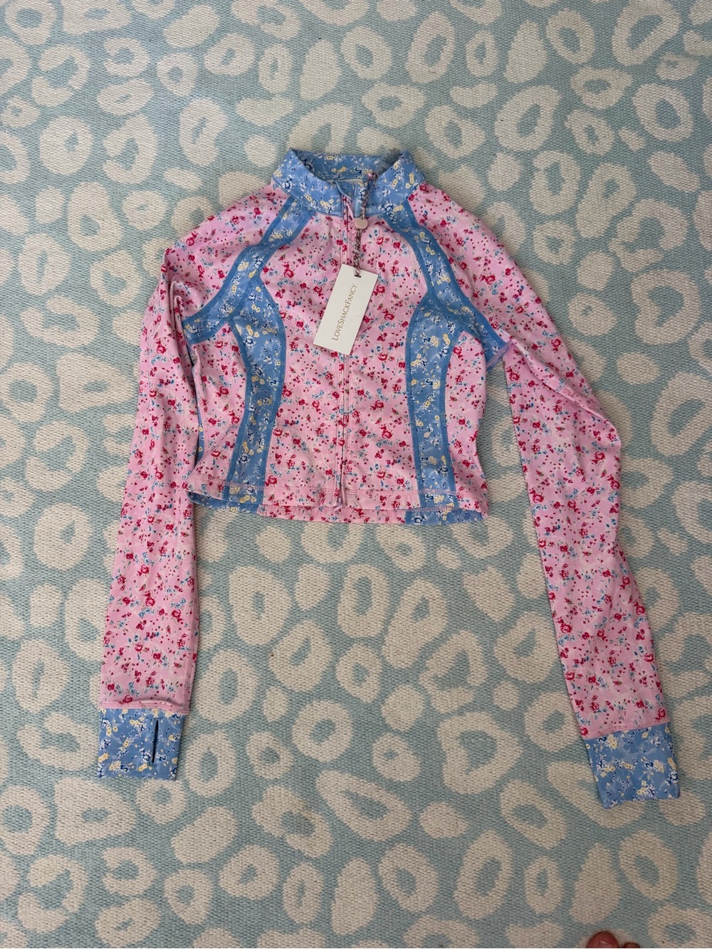 LoveShackFancy Floral Contrast-Panel Long Sleeve Crop Top - Pink/Blue